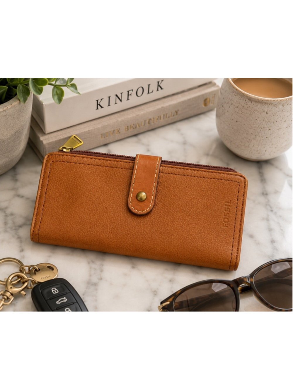 Fossil Logan Brown Leather Zip Around Checkbook Wallet Organizer RFID Clutch